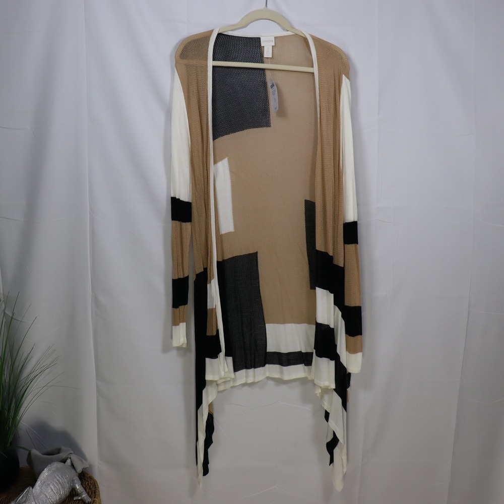 Chico's Colorblock Cardigan 3 Tan Women Artsy Mesh Duster
